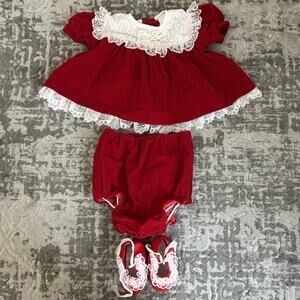 Vintage Hugs & Kisses Girls NB/0-6 m Dress Set USA Red velvet lace short sleeve